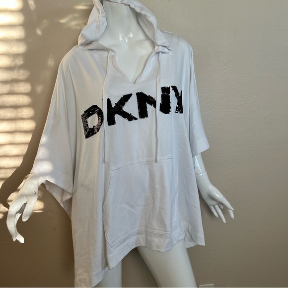 DKNY White Poncho Hooded Sweatshirt with Black Sequins Logo - Picture 3 of 9